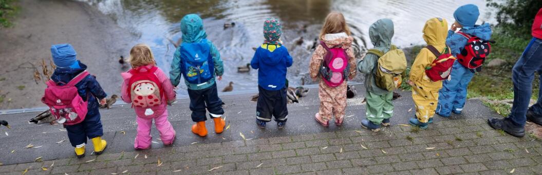 Kindergruppe stehen vor einem Fluss und füttern Enten